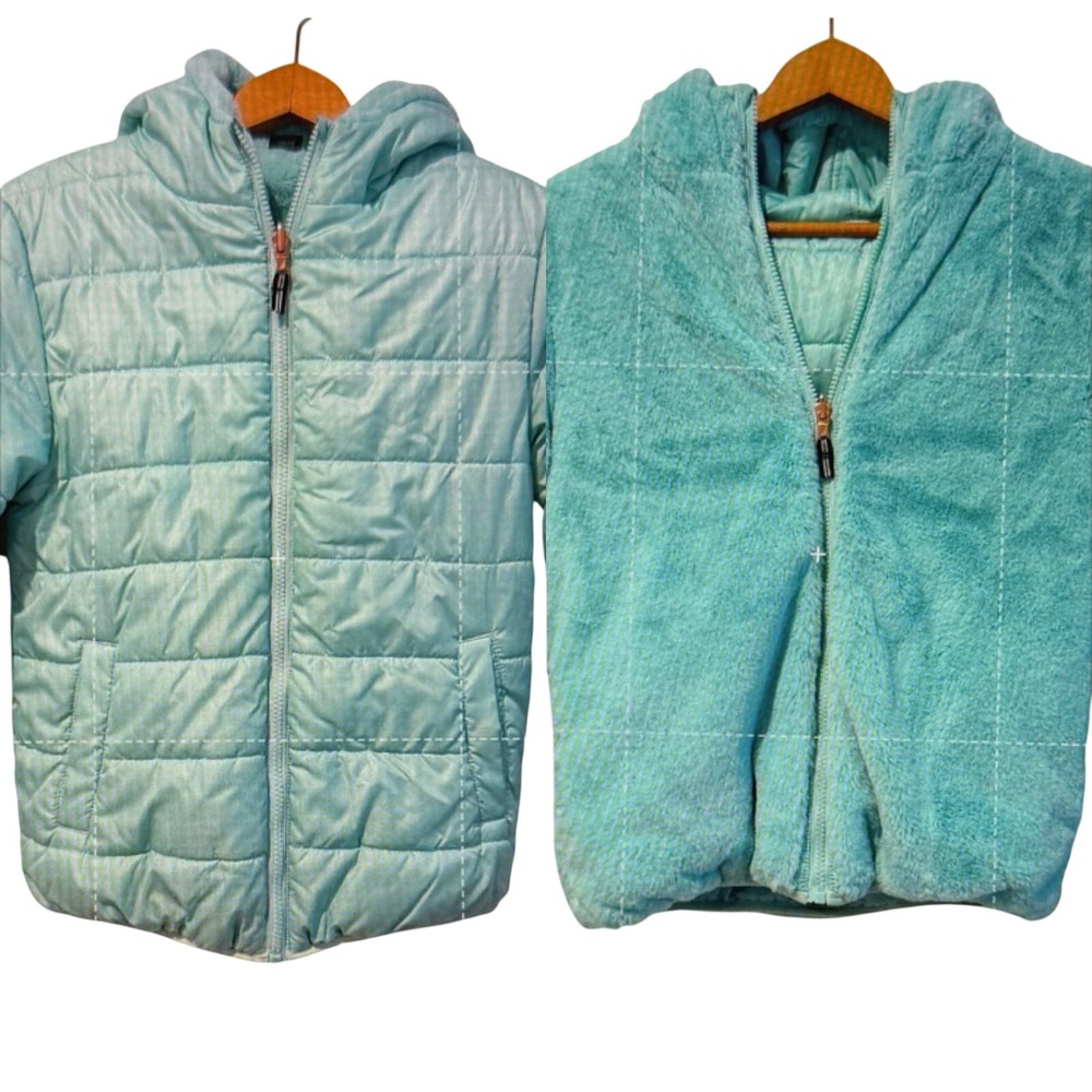 Nautica Girls Size 12/14 Reversible Hooded Plush Puffer Jacket‎ Aqua Full Zip